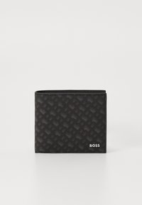 Black wallet with a textured design featuring a subtle pattern. The exterior showcases a smooth finish and a silver logo accent.