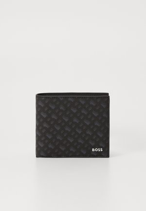 Black wallet with a textured design featuring a subtle pattern. The exterior showcases a smooth finish and a silver logo accent.