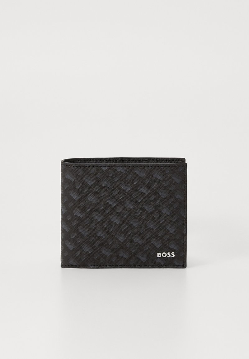Black wallet with a textured design featuring a subtle pattern. The exterior showcases a smooth finish and a silver logo accent.