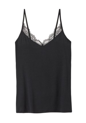 Camisole noire avec des fines bretelles ajustables, ornée d'une dentelle le long du décolleté en V profond. Tissu lisse, design ajusté et sans matériel visible.