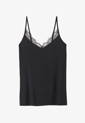 Camisole noire avec des fines bretelles ajustables, ornée d'une dentelle le long du décolleté en V profond. Tissu lisse, design ajusté et sans matériel visible.