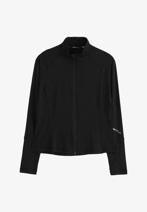 Schwarze lange Jacke mit durchgehendem Reißverschluss, hohem Kragen, tailliertem Schnitt, Daumenlöchern an den Bündchen und kleinem weißen Logo am linken Ärmel.