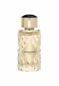 Boucheron Paris parfymflaska med diamantmönstrat glas, guldfärgade accenter och en svart kupolhuvud. Den transparenta vätskan inuti reflekterar ljus.