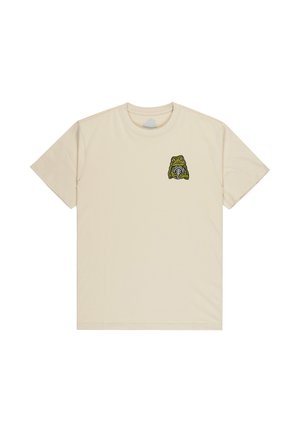 Beige Baumwoll-T-Shirt mit kurzen Ärmeln und einer grünen Froschgrafik auf der linken Brust. Schlichter Rundhalsausschnitt, weiche Textur.