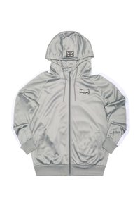 Srebrna satynowa bluza z kapturem zapinana na zamek, z białymi bocznymi paskami, przednimi kieszeniami oraz naszywką z logo przedstawiającą wzór Union Jack.