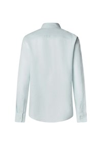 Light blue long-sleeve shirt with a button-down collar, featuring a smooth texture and a plain back, with button cuffs on each sleeve.
