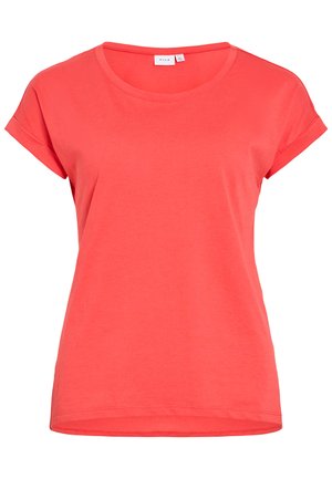 Koral kortærmet t-shirt med rund hals og op rullede ærmekanter, vist fladt, visende forsiden og mærkelappen inde i kraven.