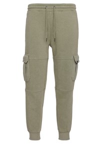 Olivgrön joggingbyxor i mjuk bomull. Har elastisk midja med dragsnöre, ribbad mudd och cargo-fickor på sidorna.
