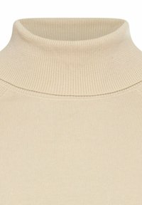 Beige geripptes Rollkragenpullover mit enganliegendem Design und strukturiertem Stoff. Nahtdetails entlang der Schultern und des Kragens.