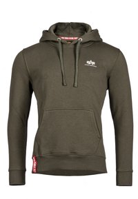 Olivgrüner Hoodie aus Baumwollmischung, mit Kängurutasche, Zugbändern, Rippbündchen und einem kleinen Logo auf der Brust.