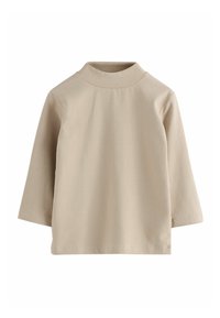 Beige langærmet skjorte med mock neck-design, lavet af et glat, let stof. Enkel konstruktion uden synlige mønstre eller accenter.