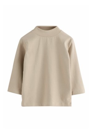 Beige langemouwen shirt met een opstaande kraag, gemaakt van een gladde, lichte stof. Eenvoudige constructie zonder zichtbare patronen of accenten.
