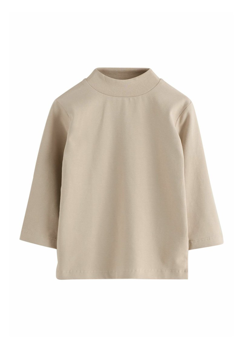 Beige langærmet skjorte med mock neck-design, lavet af et glat, let stof. Enkel konstruktion uden synlige mønstre eller accenter.