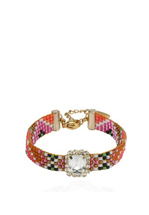 Bracelet with multicolored beaded band featuring a large clear square crystal surrounded by smaller crystals and a gold clasp.