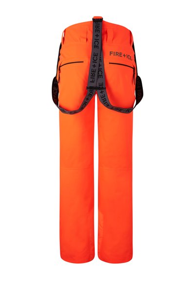Jaskrawo pomarańczowe spodnie śniegowe z czarnymi szelkami, dwoma zapinanymi na zamek tylnymi kieszeniami oraz logo "FIRE+ICE" na tylnej gumce w pasie.
