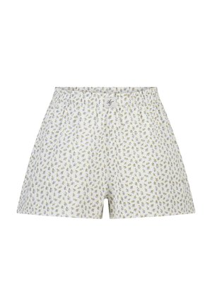 Witte katoenen shorts met een kleine lichtpaarse en groene bloemenprint, elastische tailleband en een klein rechthoekig logoplaatje in het midden aan de voorkant.