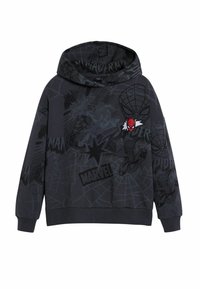 Donkergrijze hoodie met Spider-Man graphics en tekst. Gemaakt van zachte stof met een losse pasvorm, ribbelboorden en een verstelbare capuchon.