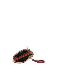 Portafoglio in pelle rossa con due scomparti, zip color oro e tracolla. L'interno presenta una fodera a scacchi.