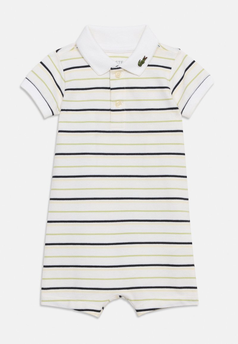 Body bébé blanc à manches courtes avec fines rayures horizontales noires et vert clair, col polo, deux boutons et petit logo crocodile sur le col.
