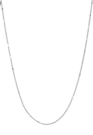 Silver chain necklace featuring alternating flat rectangular and round links, with a sleek, polished finish and smooth texture.