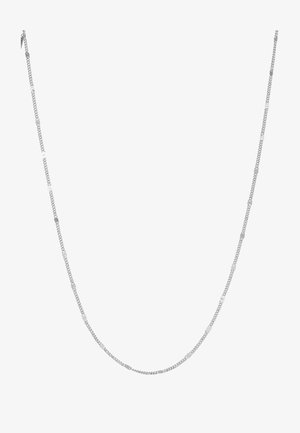 Silver chain necklace featuring alternating flat rectangular and round links, with a sleek, polished finish and smooth texture.