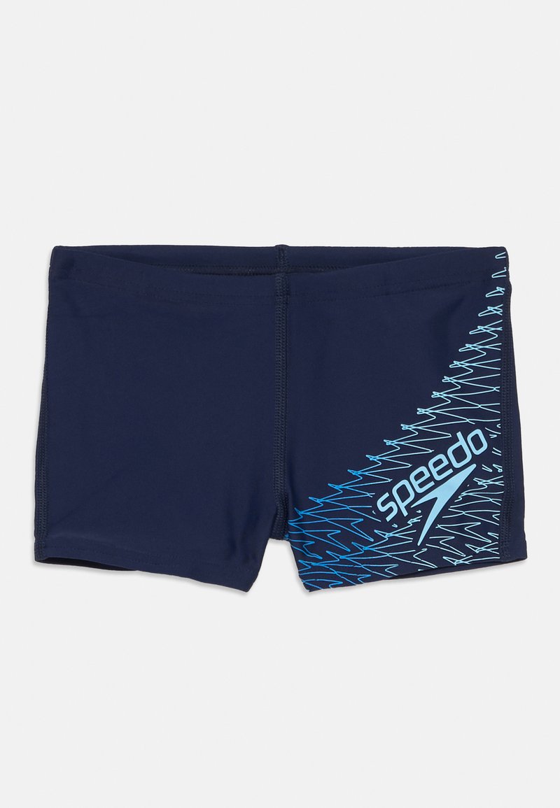 Maillots de bain pour hommes bleu marine avec un motif en zigzag bleu clair et le logo Speedo sur le côté droit.