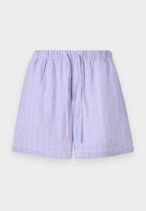 Pantaloni shorts di colore viola chiaro con strisce verticali rosa, dotati di vita elasticizzata e cordoncino. Realizzati in morbido tessuto con vestibilità comoda.