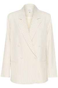 Double-breasted blazer in cream with vertical navy stripes. Features a notched lapel, front pockets, and textured fabric. Button detailing included.
