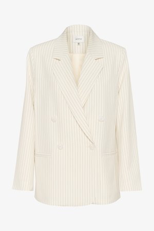 Kreem värvi topeltkattesületse koos vertikaalsete tumesiniste triipudega. Omab lõikega krae, esip pockets ja tekstuurset kangast. Nööpide detailid on kaasas.