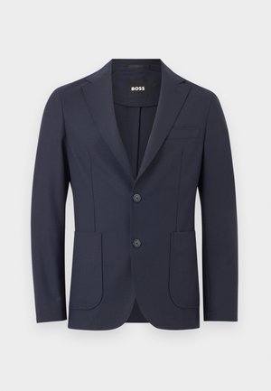 Blazer da uomo blu navy con revers a lancia, chiusura con due bottoni, due tasche a toppa frontali e taschino al petto di BOSS.
