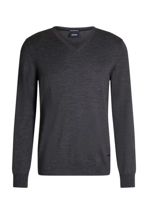 Donkergrijze V-hals trui met lange mouwen, gemaakt van wol, met geribbelde manchetten en zoom, een subtiele textuur en een merklabel in de halslijn.