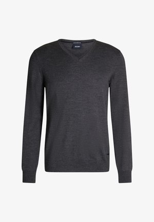 Dunkelgrauer Pullover mit V-Ausschnitt und langen Ärmeln aus Wolle, ausgestattet mit gerippten Bündchen und Saum, einer dezenten Textur und einem Markenlabel am Ausschnitt.