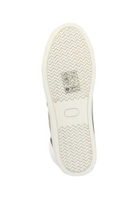 Semelle de basket blanche avec un motif de traction en zigzag, comportant un bouton circulaire et un logo au centre. Caoutchouc texturé et conception robuste.