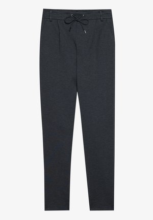 Dark gray trousers made from soft fabric, featuring a drawstring waistband, front pleats, and tapered leg design.