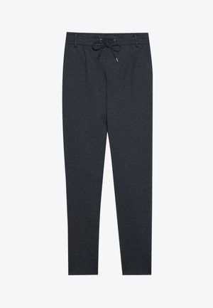 Dark gray trousers made from soft fabric, featuring a drawstring waistband, front pleats, and tapered leg design.