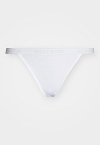 Tanga blanc en tissu doux avec une finition texturée. Présente une taille élastique grise avec le logo "HILFIGER" imprimé.