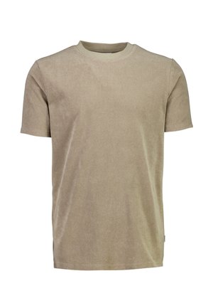 T-shirt a maniche corte girocollo in marrone chiaro con un finish in tessuto morbido e leggermente texturizzato.