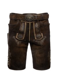 Pantaloni corti tradizionali bavaresi in pelle marrone, con motivi ricamati, bottoni laterali, passanti per cintura e una graziosa fibbia ovale.