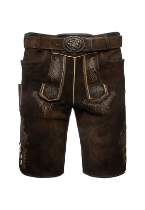 Braune Lederne traditionelle bayerische Lederhosen mit bestickten Mustern, Seitenknöpfen, Gürtelschlaufen und einer kunstvollen ovalen Gürtelschnalle.