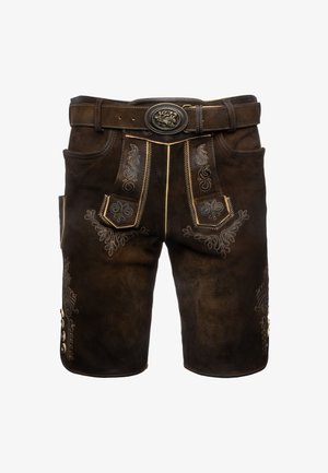 Braune Lederne traditionelle bayerische Lederhosen mit bestickten Mustern, Seitenknöpfen, Gürtelschlaufen und einer kunstvollen ovalen Gürtelschnalle.