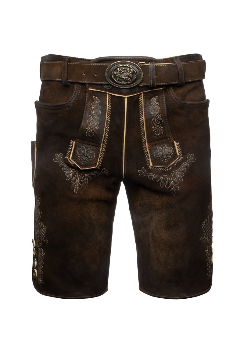 Pantaloni corti tradizionali bavaresi in pelle marrone, con motivi ricamati, bottoni laterali, passanti per cintura e una graziosa fibbia ovale.