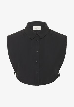 Camicetta nera a maniche corte con colletto strutturato, caratterizzata da una chiusura con bottoni davanti e lacci regolabili ai lati. Tessuto dal tocco morbido.