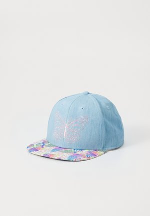 Denim snapback cap with a blue body and a multicolored butterfly-patterned brim. Features embroidered butterfly design in pink thread.
