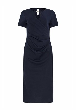 Abito blu navy al ginocchio con maniche corte, corpetto incrociato, leggero arricciatura in vita e schiena con apertura a goccia e chiusura a clip.