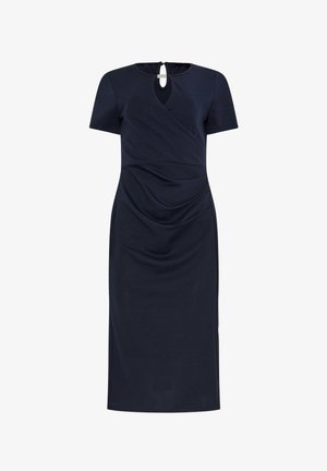 Donkerblauwe jurk tot op de knie met korte mouwen, overslag-style lijfje, lichte plooien bij de taille en een rug met sleutelgat en sluiting met haakje.