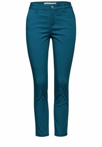 Úzké kalhoty barvy modrozelené vyrobené z hladké látky, s knoflíkovým zapínáním, pěti kapsami a jemnými šicími detaily.