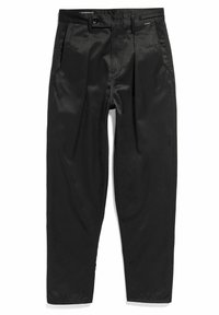 Pantalon noir en tissu lisse, avec une coupe ample, un devant plat et deux poches latérales. Fini avec une fermeture à bouton et une braguette zippée.
