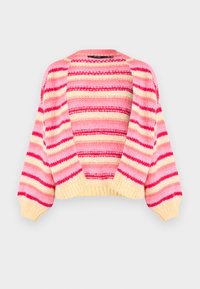 Πλεκτή ζακέτα με φαρδιά μανίκια, διακοσμημένη με οριζόντιες ρίγες σε ροζ, κόκκινο και κίτρινο. Ανοιχτή μπροστινή πλευρά και ριμπ λαιμόκοψη και τελείωμα. Μαλακή υφή.