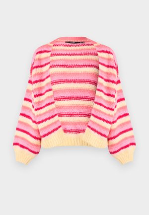 Strikket cardigan med vide ermer, med horisontale striper i rosa, rød og gul. Åpen front og ribbet kant. Myk tekstur.
