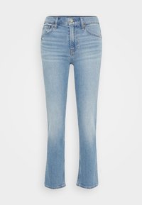 Ljusblå denimjeans med hög midja, rak ben-design och lätt blekning. Har klassisk sömnad och framknäppning.